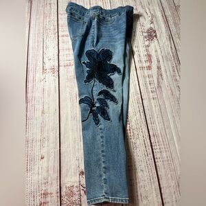 Chico's Blue Skinny Jeans with Dark Floral embroidered Design size .5